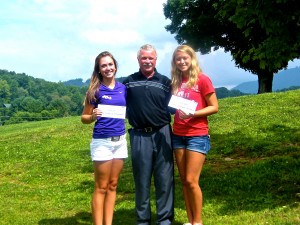 Coach Rick with scholarship awardees Ashley Thompson (L) and Erin Campbell (R)
